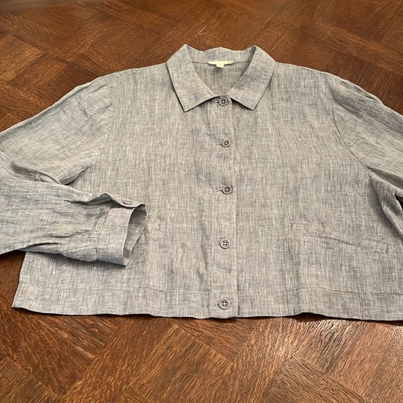 Eileen Fisher Blue Gray Button Up Linen Cropped Shirt Jacket Medium - Picture 9 of 14